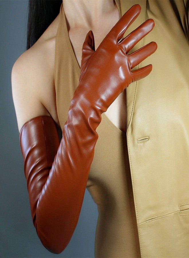 DooWay EXTRA LONG GLOVES Faux Leather PU Stretchy 28-inch Brown for Halloween Evening Dress Party Finger Gloves - Image 3